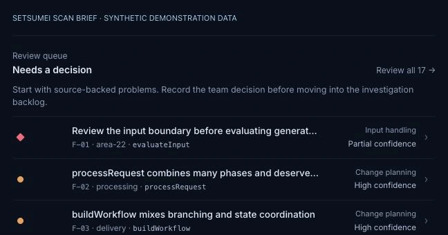Setsumei scan brief showing a prioritized review queue with synthetic demonstration data